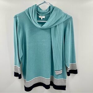 CC Petites Aqua Lightweight 3/4 Sleeve Striped Button On Optional Scarf Sweater